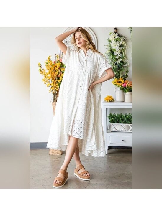 Oli & Hali Dresses & Skirts - OLI + HALI Camilla Midi Dress White Eyelet Cotton Tiered Oversized Sz S
